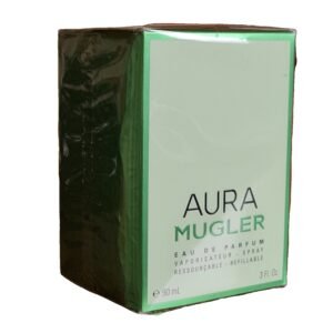 mugler aura eau de parfum 90ml. Front angled photo of perfume box.