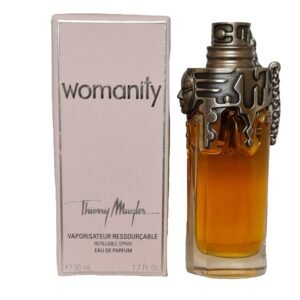 Thierry Mugler Womanity Eau de Parfum 50ml. box and bottle side by side photo.