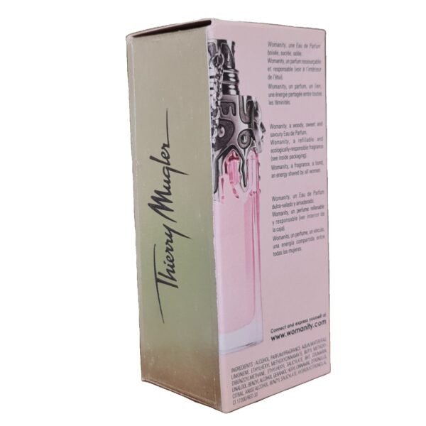 Thierry Mugler Womanity Eau de Parfum 50ml. Photo of box showing two sides.