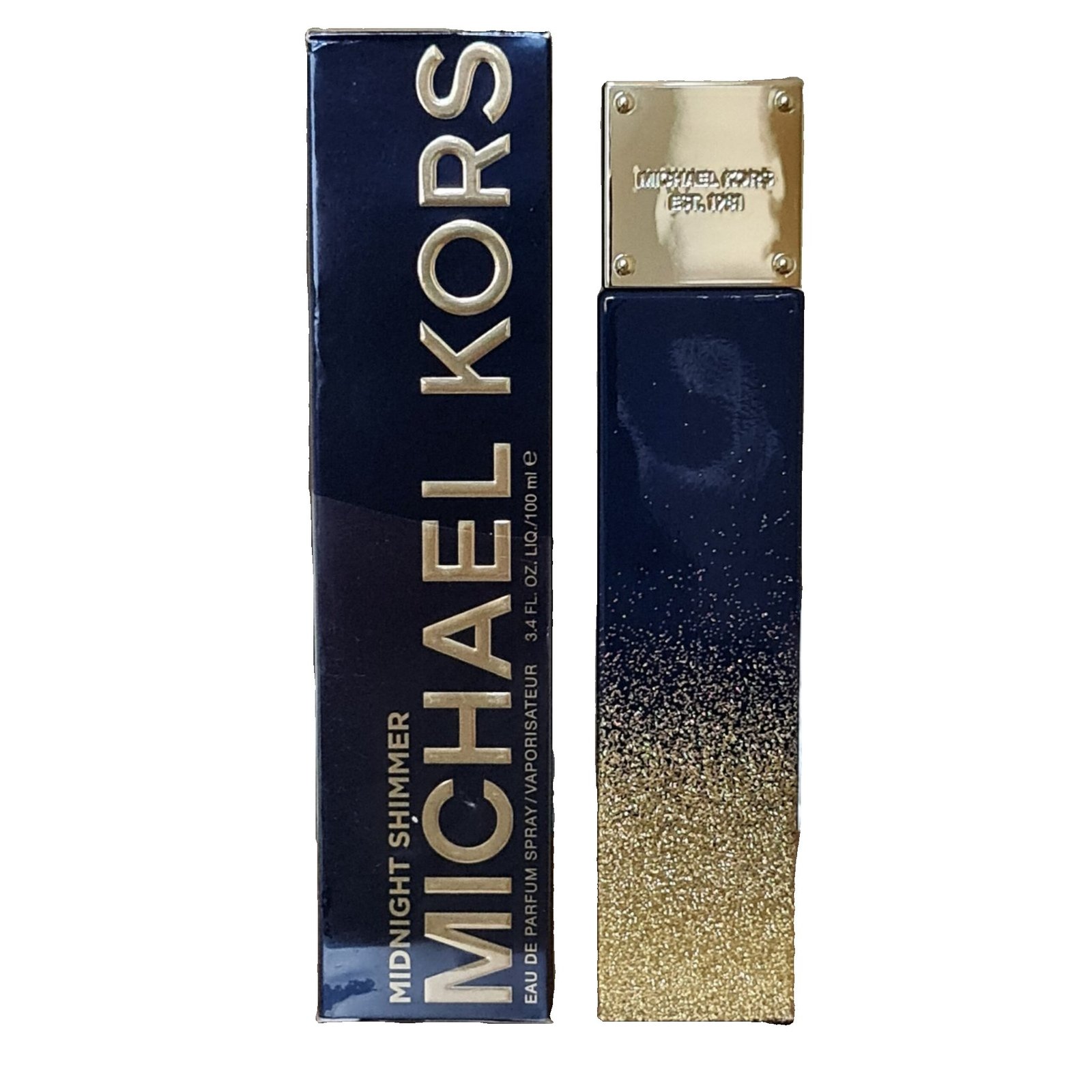 Michael Kors Midnight Shimmer Eau de Parfum 100ml michael kors midnight shimmer eau de parfum 100ml. bottle and box side by side photo.