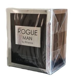 Rogue Man by Rihanna Eau de Toilette 30ml. Front angled photo of brown perfume box.