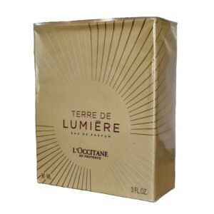 l'occitane en provence terre de lumiere eau de parfum 90ml. Fromt angled photo of yellow perfume box.