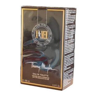 thierry mugler a*men pure leather eau de toilette 100ml. Angled photo of perfume box.