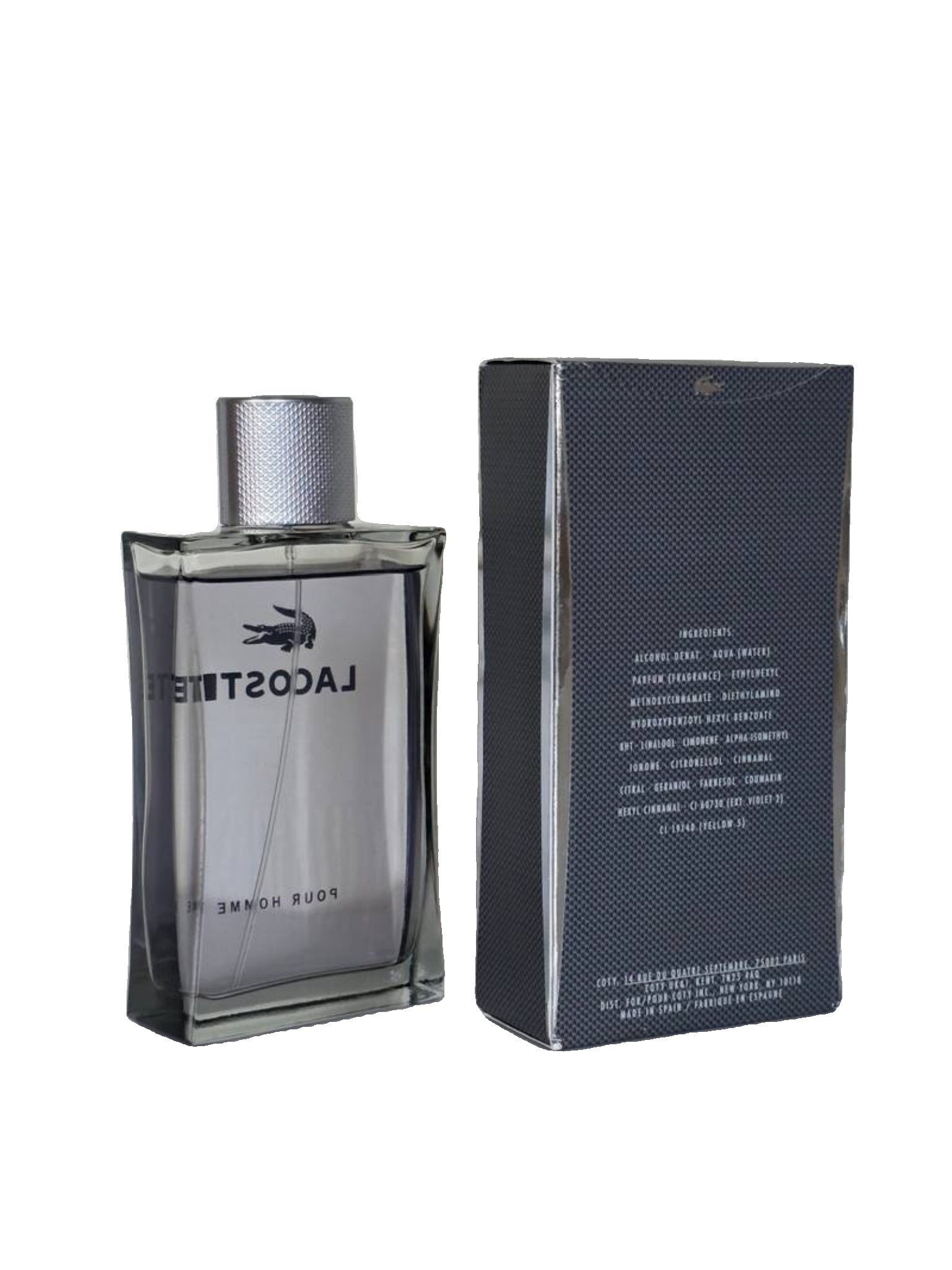 Lacoste Pour Homme Eau de Toilette 100ml lacoste pour homme eau de toilette 100ml. Bottle and box angled again showing back.