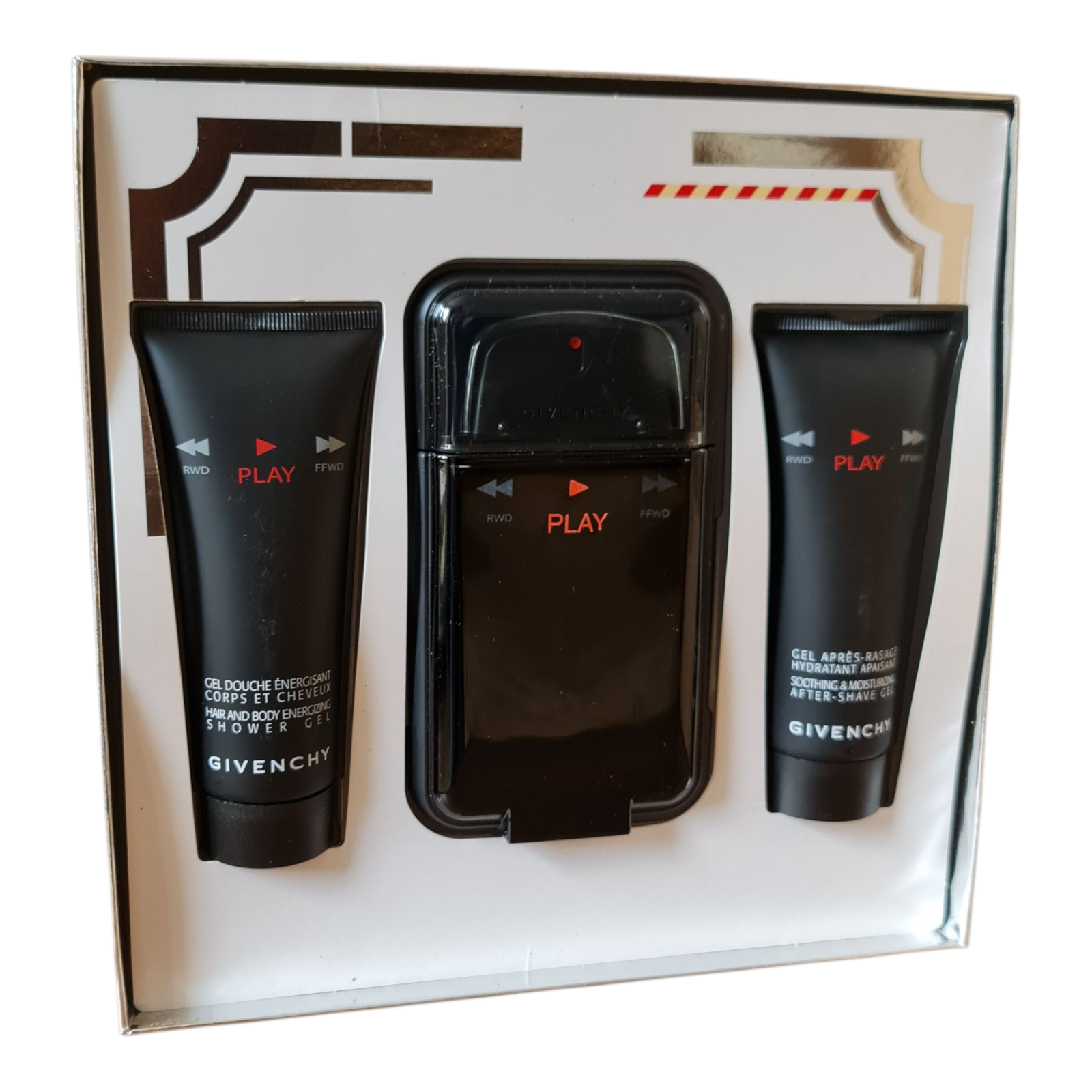 Givenchy Play Intense Eau de Toilette 100ml 3 Piece Gift Set Givenchy Play Intense Eau de Toilette 100ml 3 Piece Gift Set. Inside of gift set box, showing fragrance bottle and tubes.