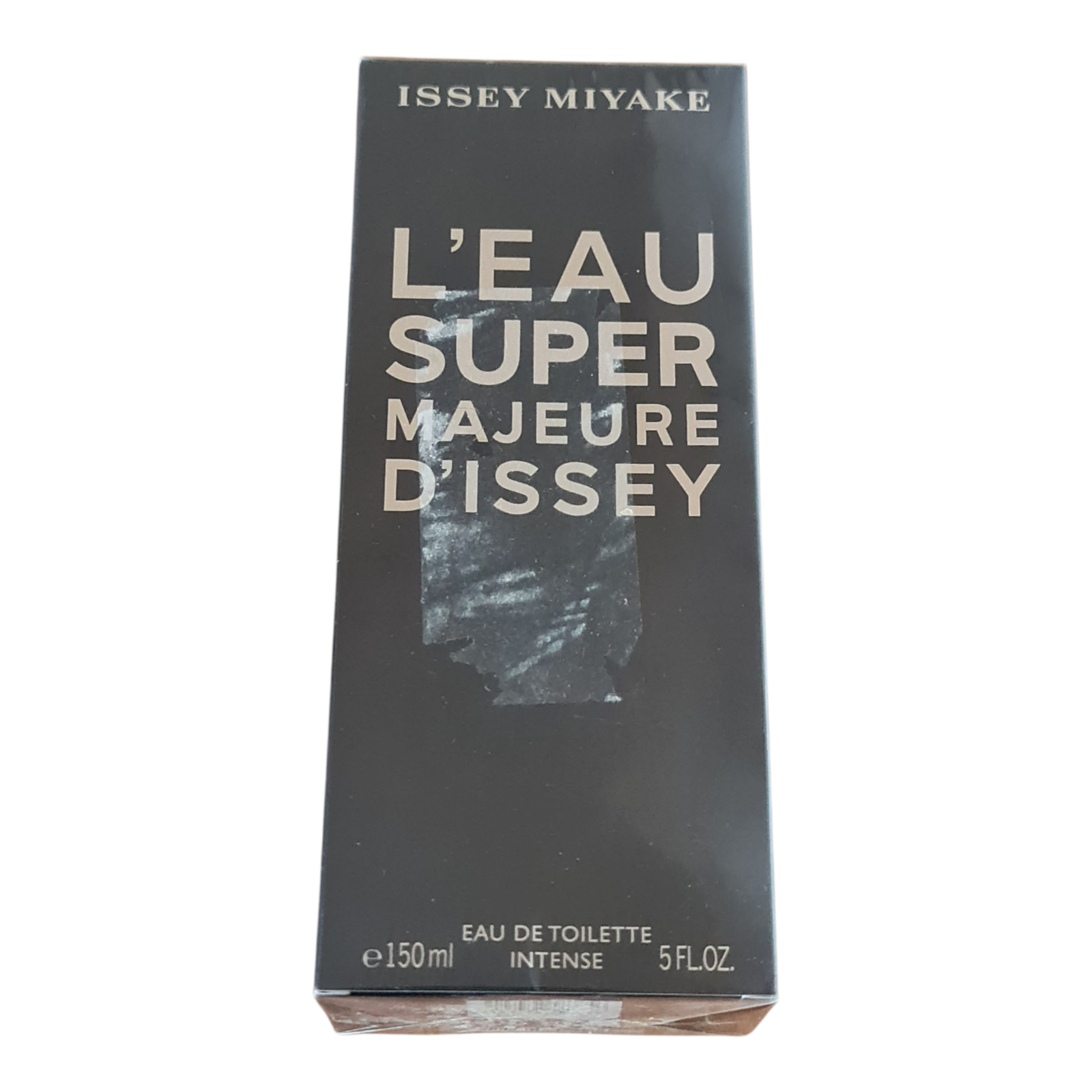 issey miyake l'eau super majeure d'issey eau de toilette intense 150ml issey miyake l'eau super majeure d'issey eau de toilette intense 150ml. Front of blue box with silver writing on it.