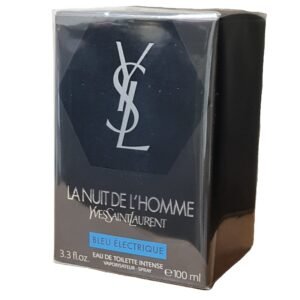 yves saint laurent la nuit de l'homme bleu electrique eau de toilette 100ml. Front photo showing two sides of fragrance box.