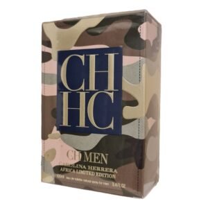 Carolina Herrera CH Men Africa Eau de Toilette 100ml. Front angled photo of multi coloured box.
