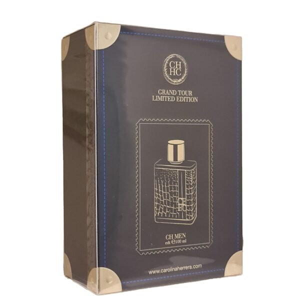 carolina herrera ch men grand tour eau de toilette 100ml. Back of the blue fragrance box.