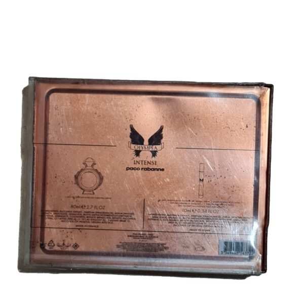 paco rabanne olympea eau de parfum intense 100ml 2 piece gift set. Back of box with sleeve on it.