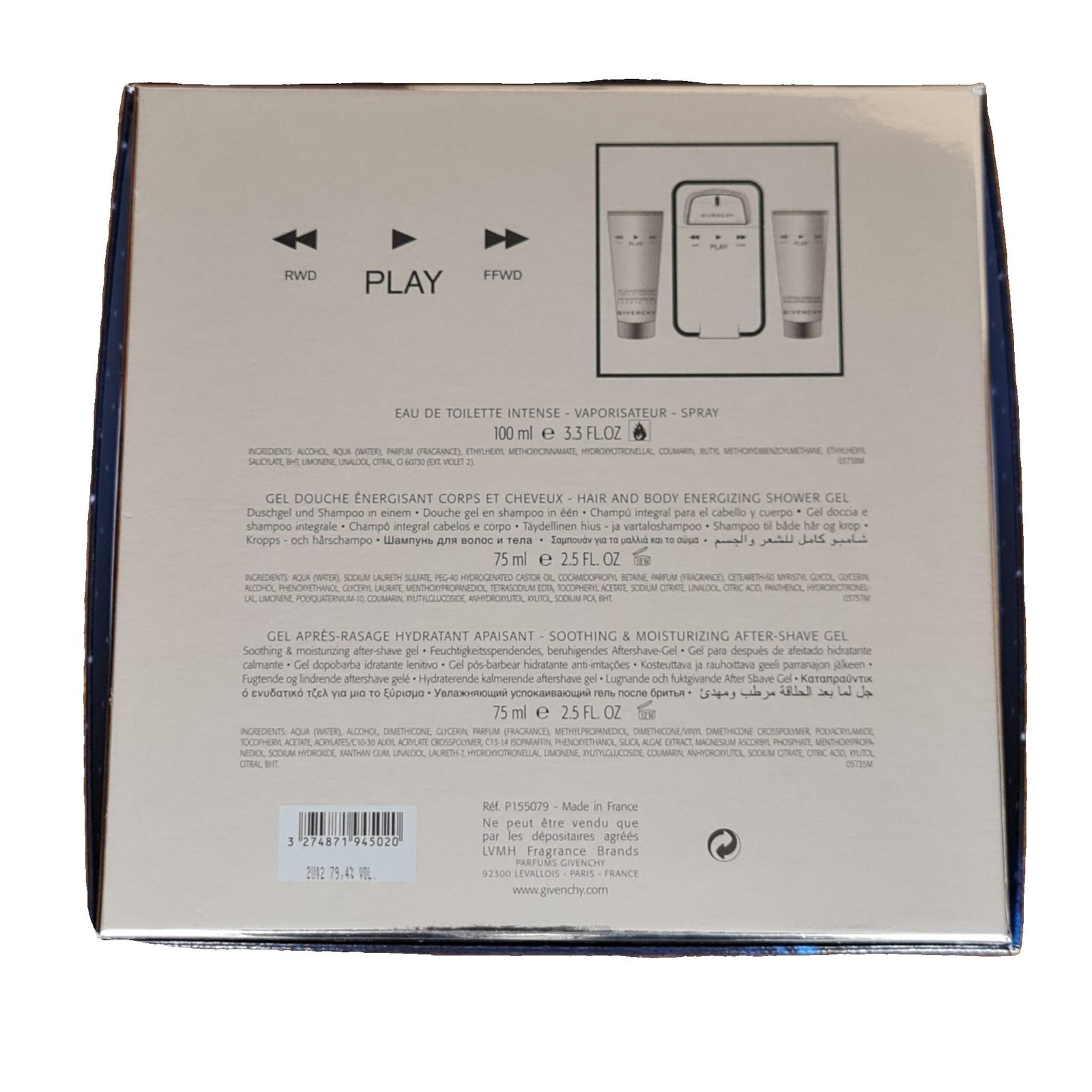 Givenchy Play Intense Eau de Toilette 100ml 3 Piece Gift Set Givenchy Play Intense Eau de Toilette 100ml 3 Piece Gift Set. Back of gift set box showing the contents.