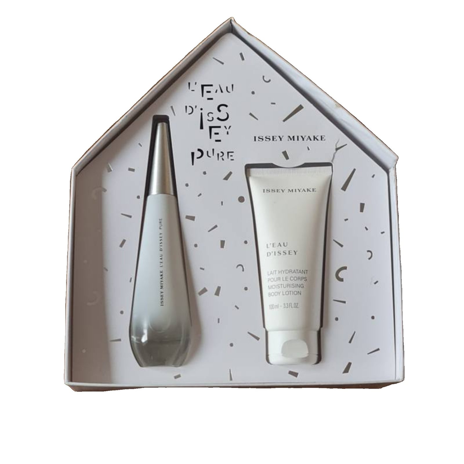 issey miyake l'eau d'issey pure eau de toilette 50ml 2 piece gift set. inside of gift set. issey miyake l'eau d'issey pure eau de toilette 50ml 2 piece gift set. Another photo showing internal of box.