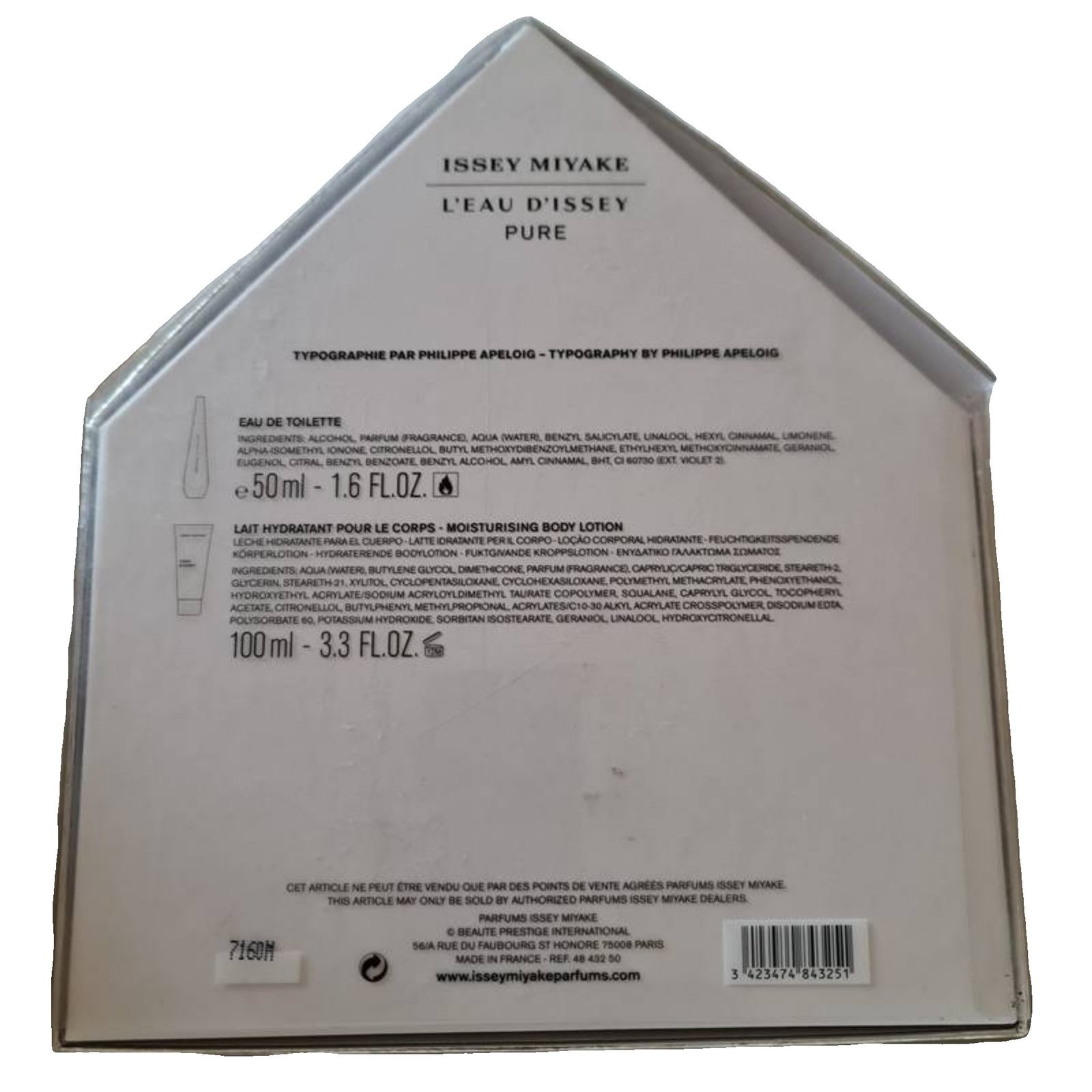 issey miyake l'eau d'issey pure eau de toilette 50ml 2 piece gift set. inside of gift set. issey miyake l'eau d'issey pure eau de toilette 50ml 2 piece gift set. Another photo showing in writing contents of box.