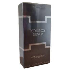 Yves Saint Laurent Kouros Silver Eau de Toilette 100ml. Front photo of silver perfume box.