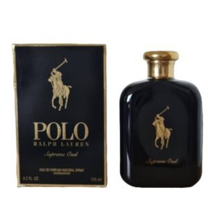 ralph lauren supreme polo oud eau de parfum 125ml. Black perfume box and bottle side by side showing front.