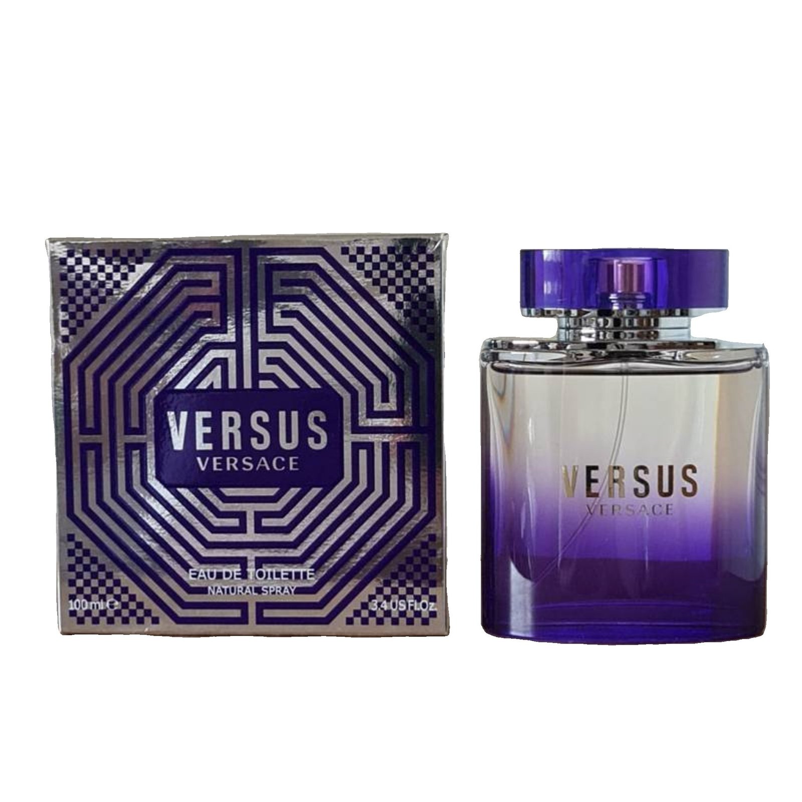 Versace Versus Eau de Toilette 100ml Versace Versus Eau de Toilette 100ml, Shiny box and bottle side by side photo.