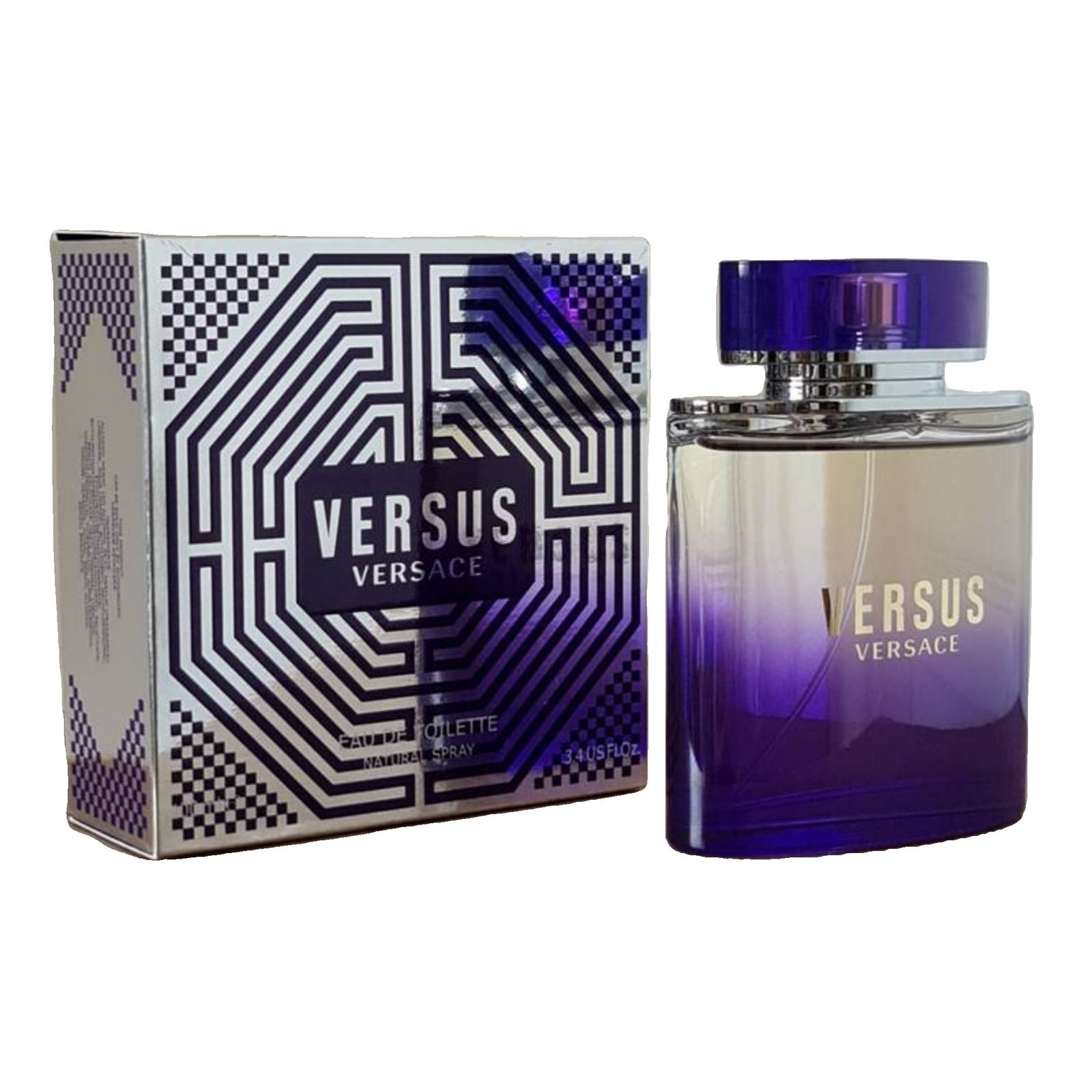 Versace Versus Eau de Toilette 100ml Versace Versus Eau de Toilette 100ml. Box and bottle at a angle photo.