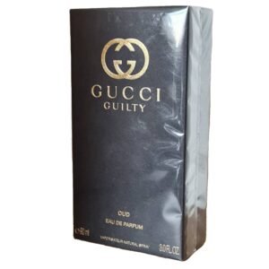 gucci guilty oud eau de parfum 90ml. Front angled photo of black perfume box with gold lettering.