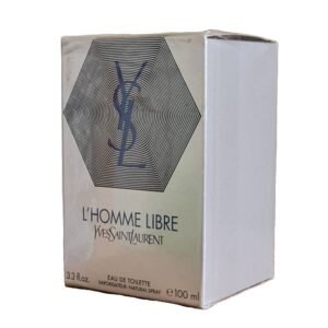 Yves Saint Laurent L'Homme Libre Eau de Toilette 100ml. angled photo of silver fragrance box showing two sides.