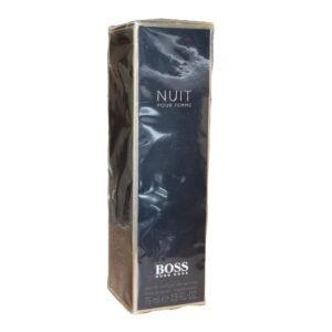 hugo boss nuit pour femme eau de parfum 75ml Black perfume box with gold writing, photo showing two sides.