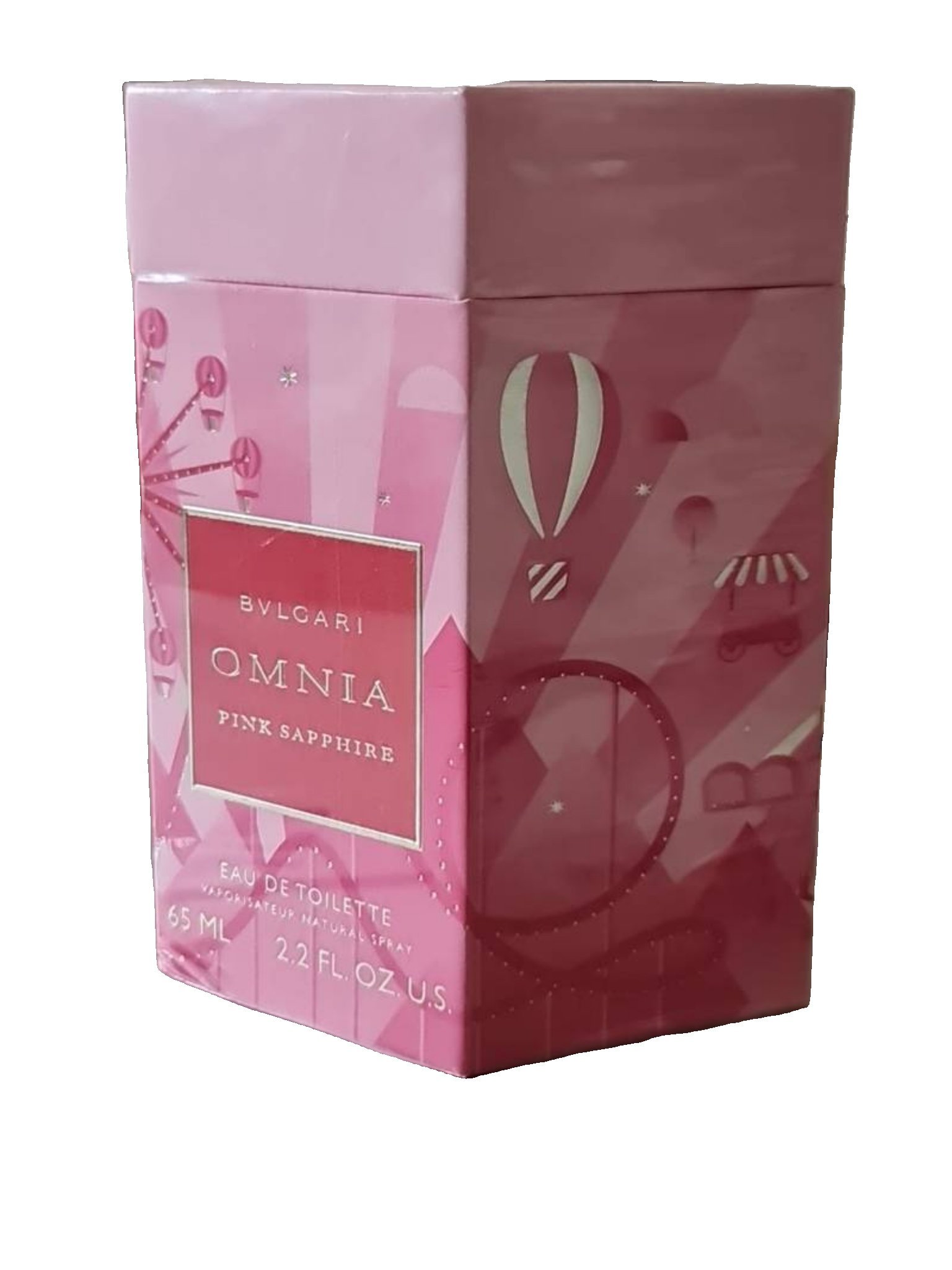 Bvlgari Omnia Pink Sapphire Eau de Toilette 65ml Bvlgari Omnia Pink Sapphire Eau de Toilette 65ml. photo showing two sides of perfume box.