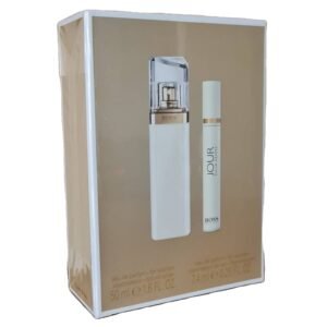 hugo boss jour pour femme eau de parfum 50ml + 7.4ml. Frony angled photo showing the contents of the box.