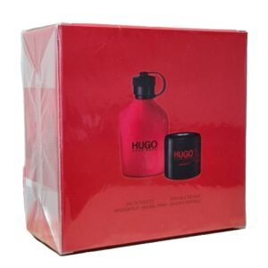 hugo boss red eau de toilette 125ml + speaker gift set. Back of the box showing the contents.