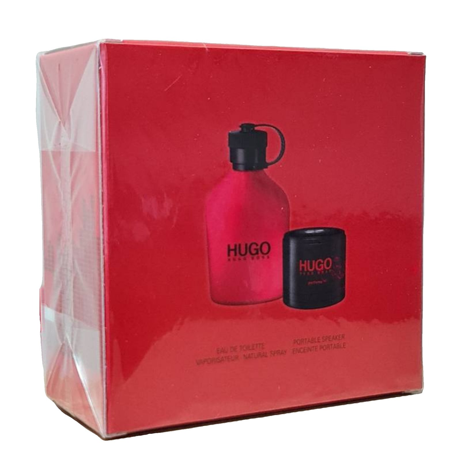 Hugo Boss Red Eau De Toilette 125ml + Speaker Gift Set hugo boss red eau de toilette 125ml + speaker gift set. Back of the box showing the contents.