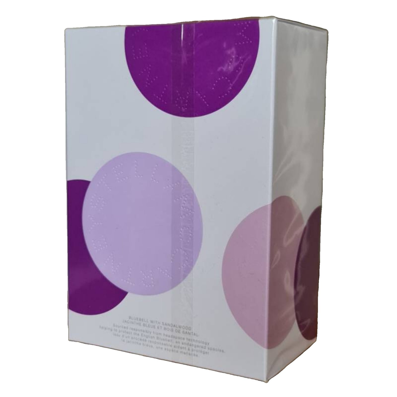Stella McCartney Pop Bluebell Eau de Parfum 100ml stella mccartney pop bluebell eau de parfum 100ml. Purple and white perfume box showing the back.