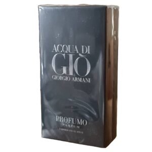 giorgio armani acqua di gio profumo parfum 180ml. Front angled photo of the black fragrance box with silver writing.