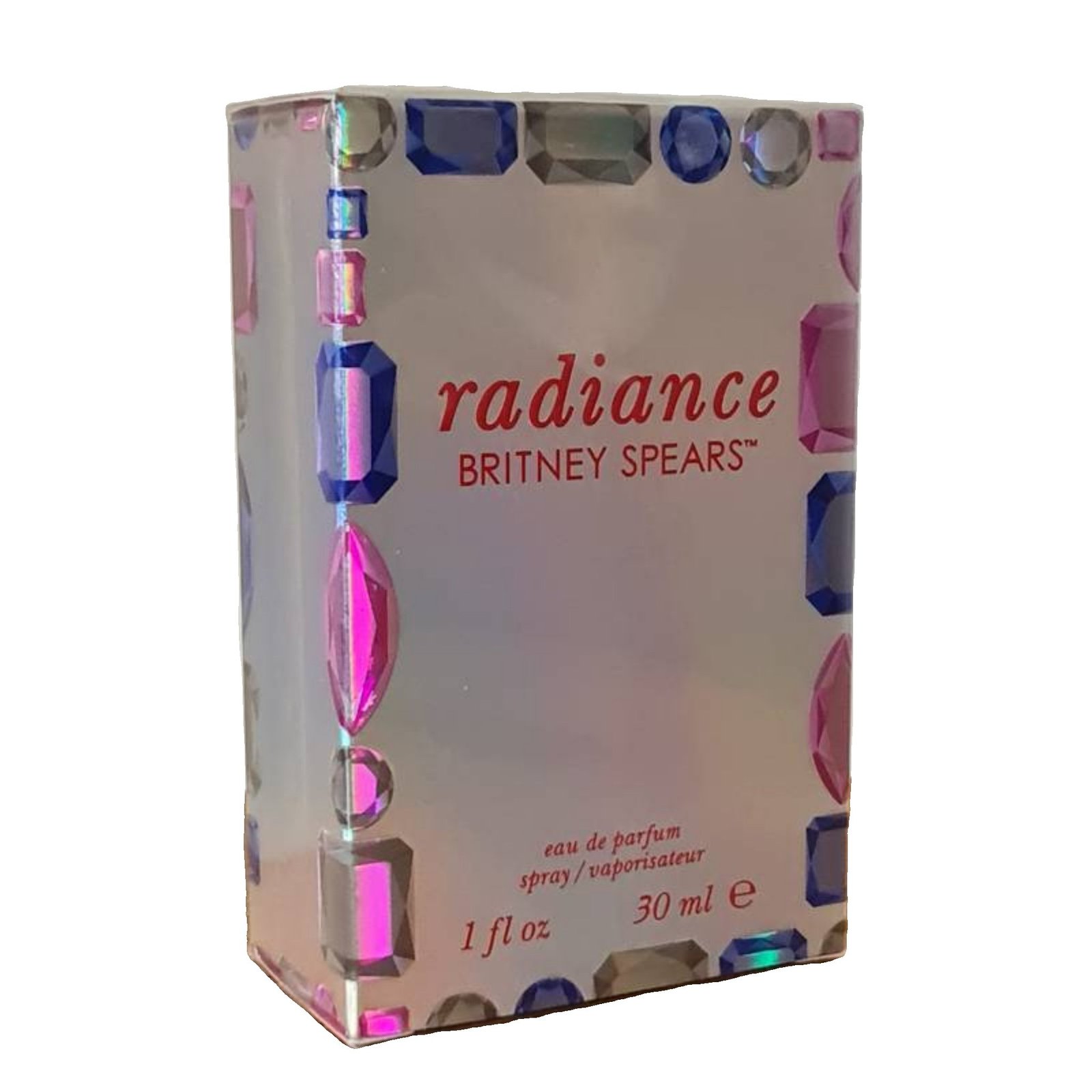Britney Spears Radiance Eau de Parfum 30ml britney spears radiance eau de parfum 30ml. Angled photo showing silver fragrance box with multi colours.