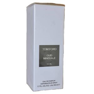 tom ford oud minerale eau de parfum 50ml. Front angled photo of the white perfume box.