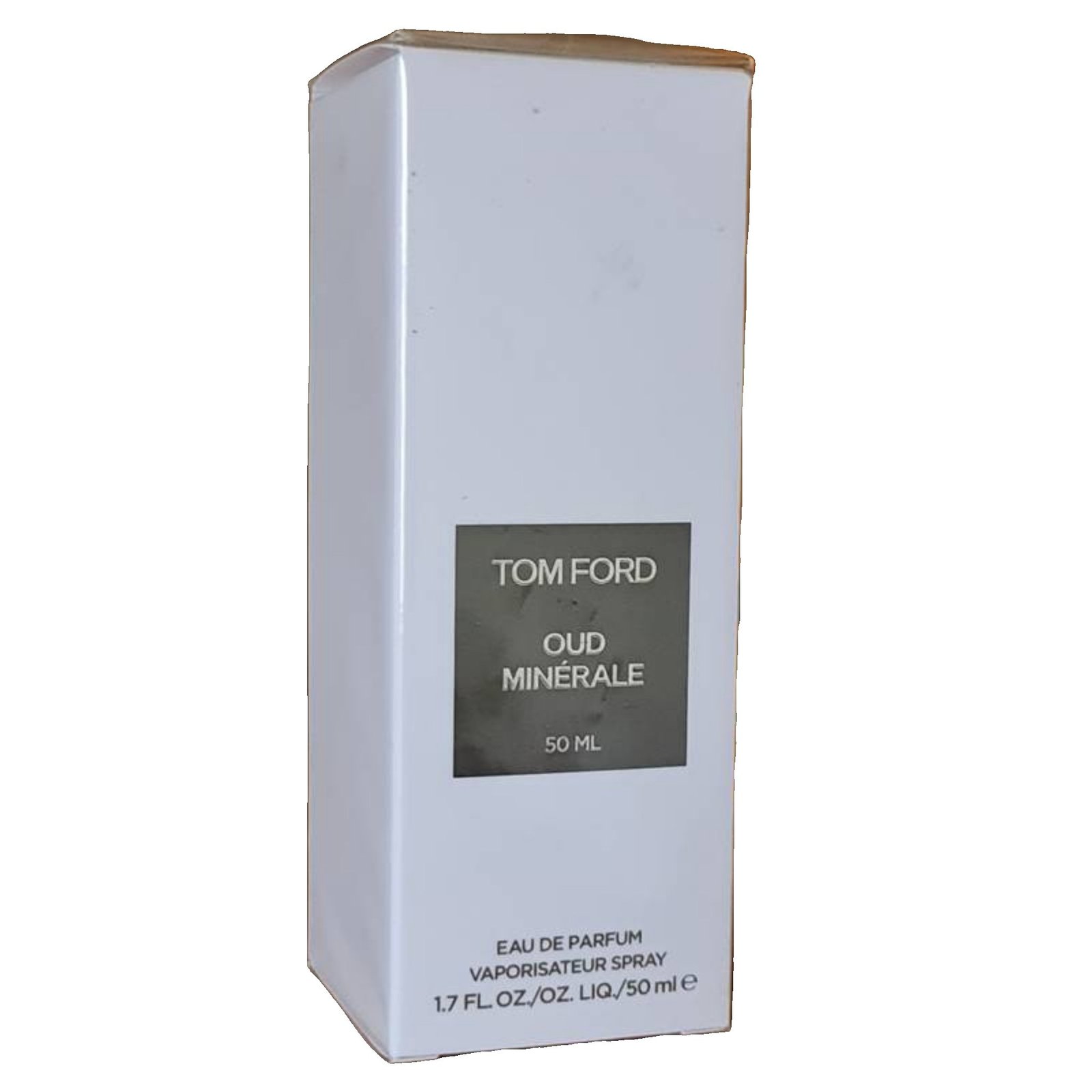 Tom Ford Oud Minerale Eau de Parfum 50ml tom ford oud minerale eau de parfum 50ml. Front angled photo of the white perfume box.