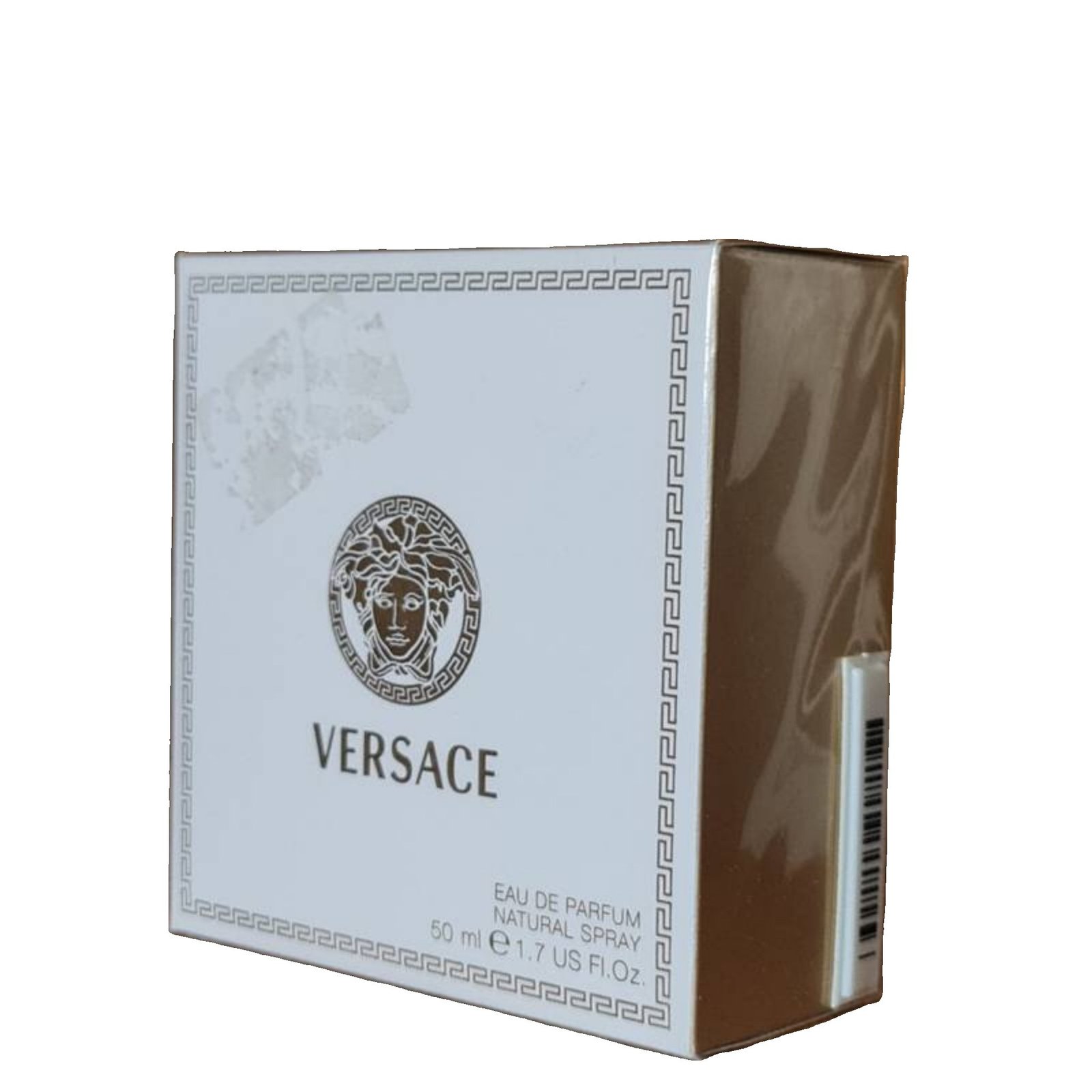 Versace Pour Femme Eau de Parfum 50ml versace pour femme eau de parfum 50ml. Second angled photo of perfume box. photo showing security tag.