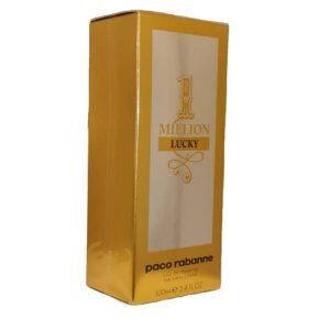 paco rabanne one million lucky eau de toilette 100ml. Front angled photo of perfume box.
