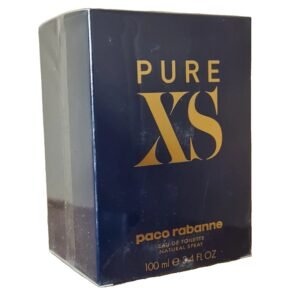paco rabanne pure xs eau de toilette 100ml. Front angled photo showing two sides of the box,