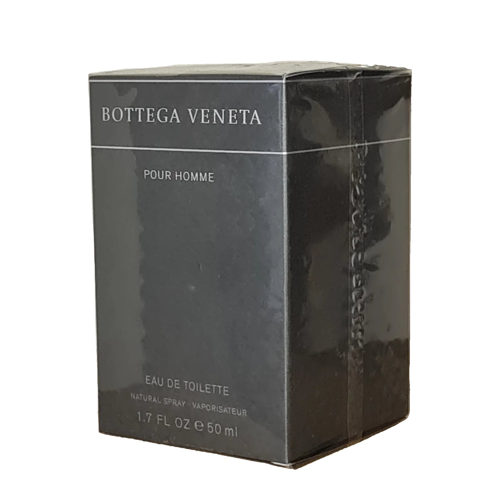Bottega Veneta Pour Homme Eau de Toilette 50ml bottega veneta pour homme eau de toilette 50ml. Photo showing two sides of grey fragrance box.