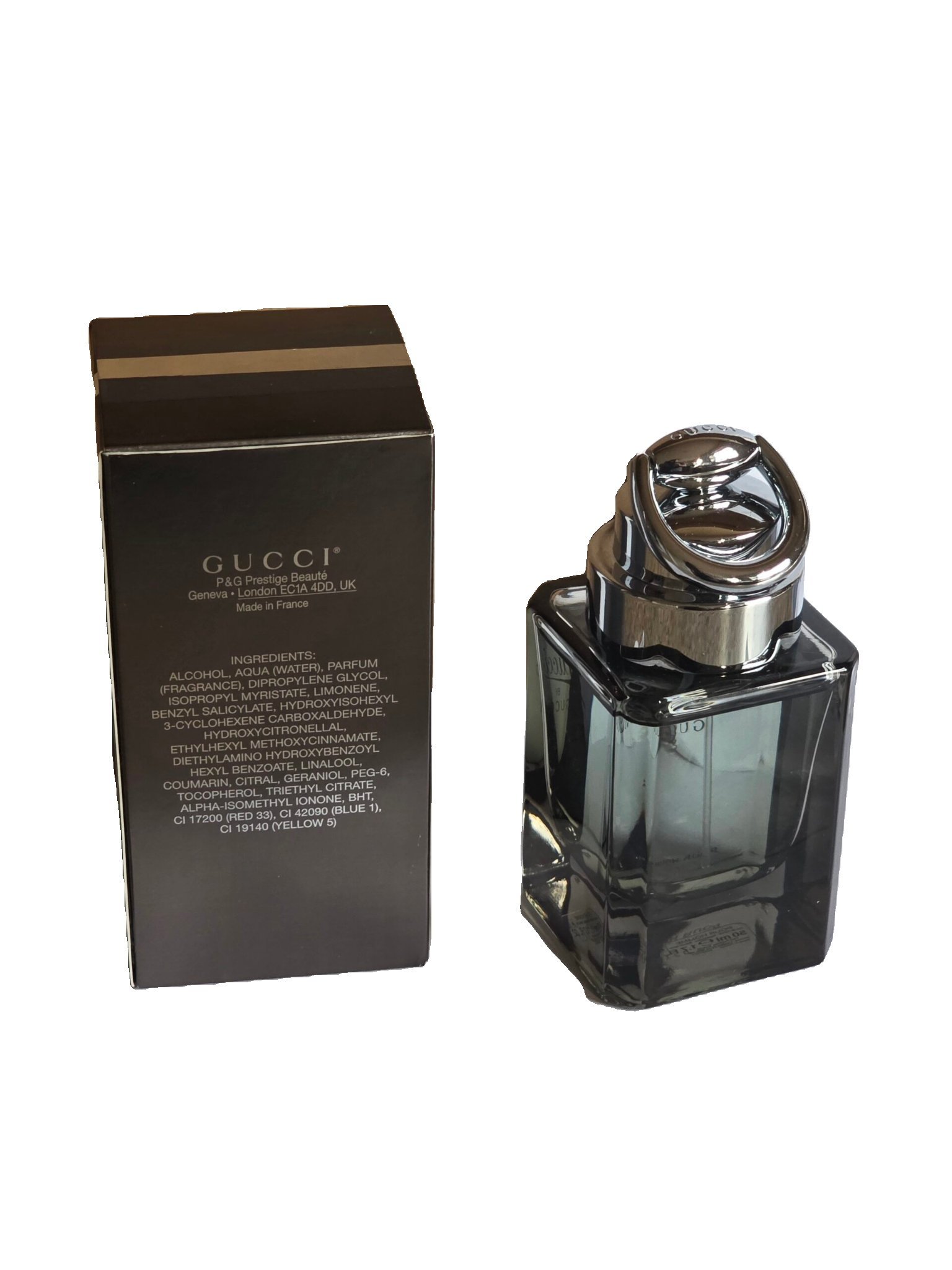 gucci by gucci pour homme eau de toilette 50ml gucci by gucci pour homme eau de toilette 50ml. Back of box and bottle.
