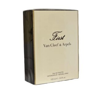 Van Cleef & Arpels First Eau de Toilette 100ml. Front angled photo of perfume box.