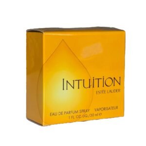 estee lauder intuition eau de parfum 30ml. fronty angled photo of perfume box.
