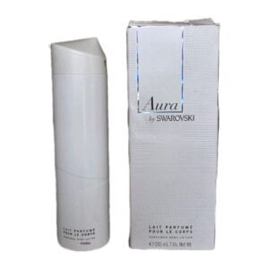 swarovski aura perfumed body lotion 200ml. Body lotion and box side by side photo.