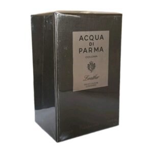 acqua di parma colonia leather eau de cologne concentree 100ml. Front angled photo of brown fragrance box.