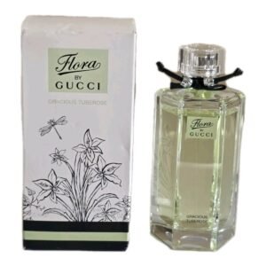 Gucci Flora Gracious Tuberose Eau de Toilette 100ml. Photo of box and bottle side by side.