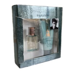 shawn mendes signature edp 30ml gift set. Front angled photo of perfume box.