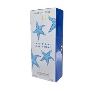 issey miyake l'eau d'issey summer 2014 edt 125ml. Front angled photo of fragrance box showing imperfect cellophane.