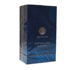 amouage interlude black iris eau de parfum 100ml. Front angled photo of perfume box.