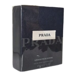 prada amber pour homme eau de toilette 50ml. Front angled photo of fragrance box.