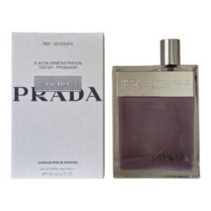 prada amber pour homme eau de toilette 100ml. Box and bottle side by side photo.