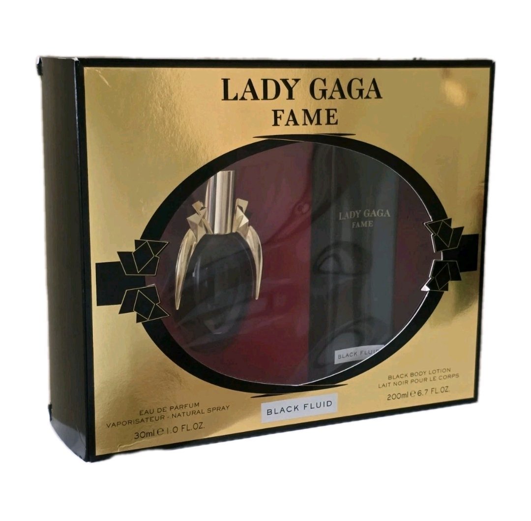 Lady Gaga Fame Eau De Parfum 30ml Gift Set lady gaga fame eau de parfum 30ml gift set. Angled photo of box.
