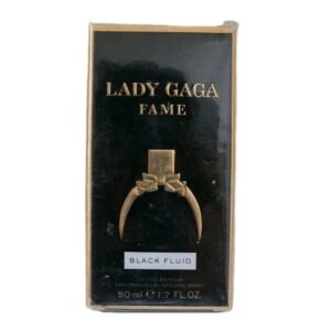 lady gaga fame black fluid eau de parfum 50ml. Front of box photo.